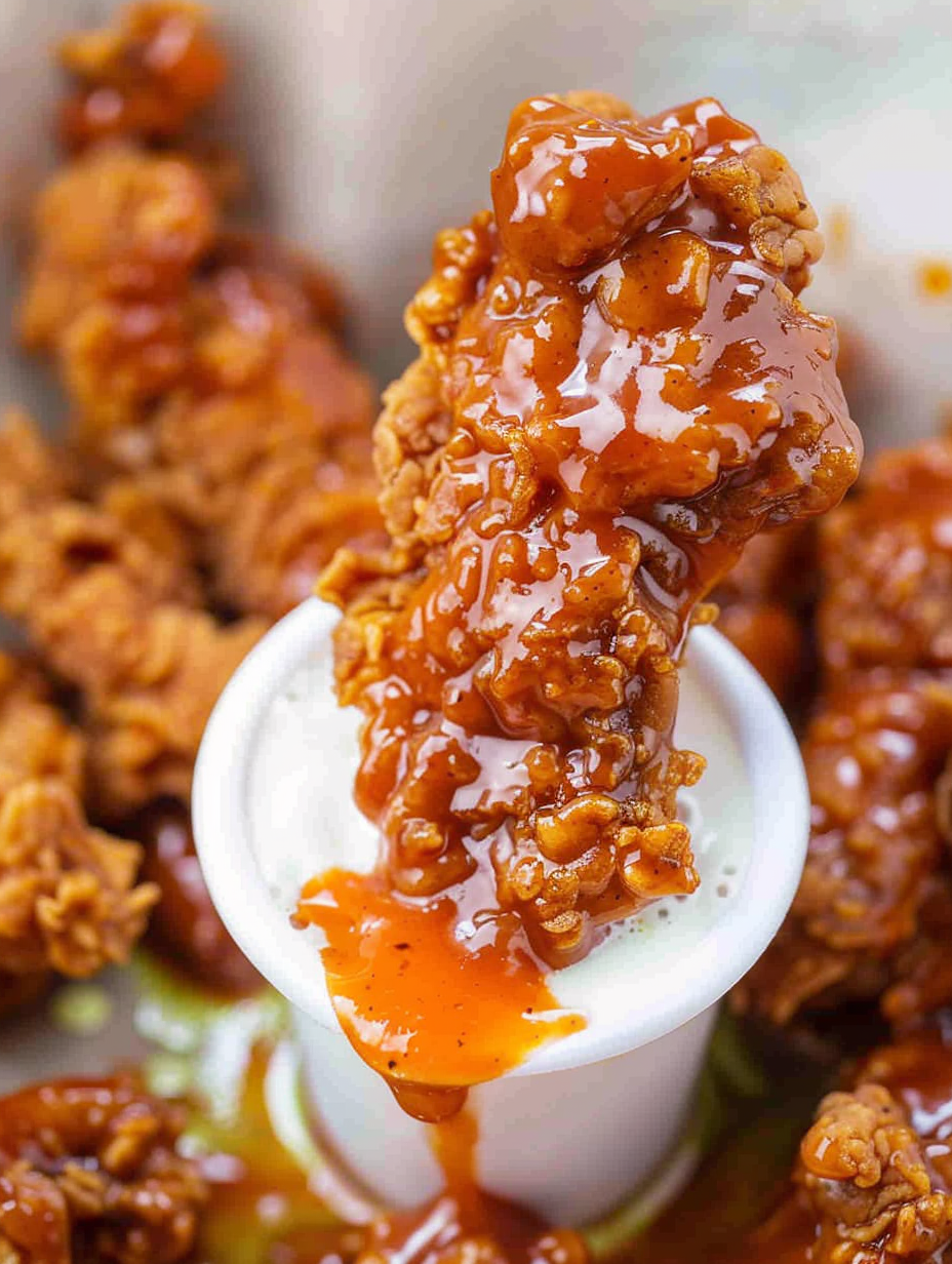 Crispy buffalo chicken tenders tossed in sauce on a platter