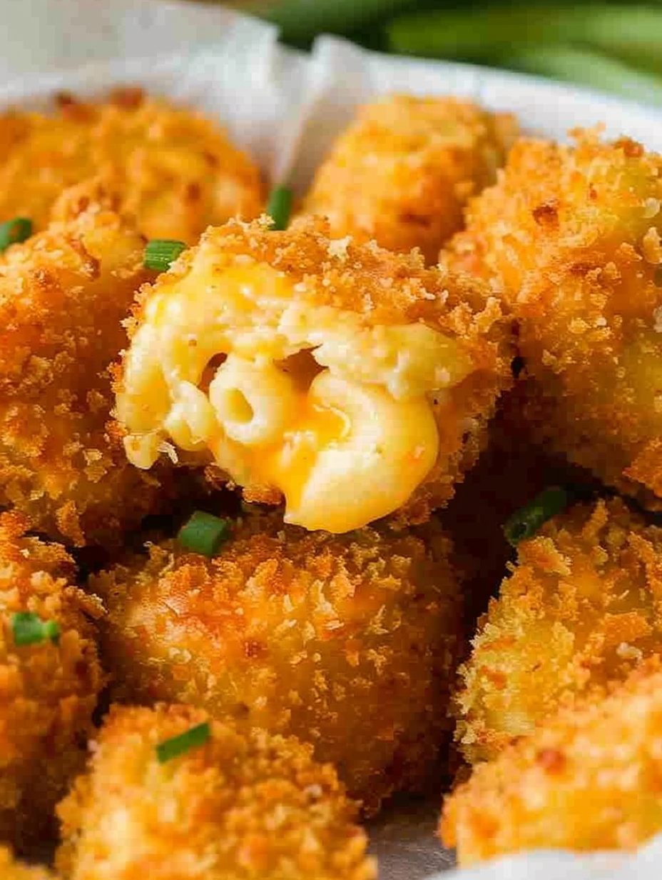Fried mac and cheese bites on a wire rack