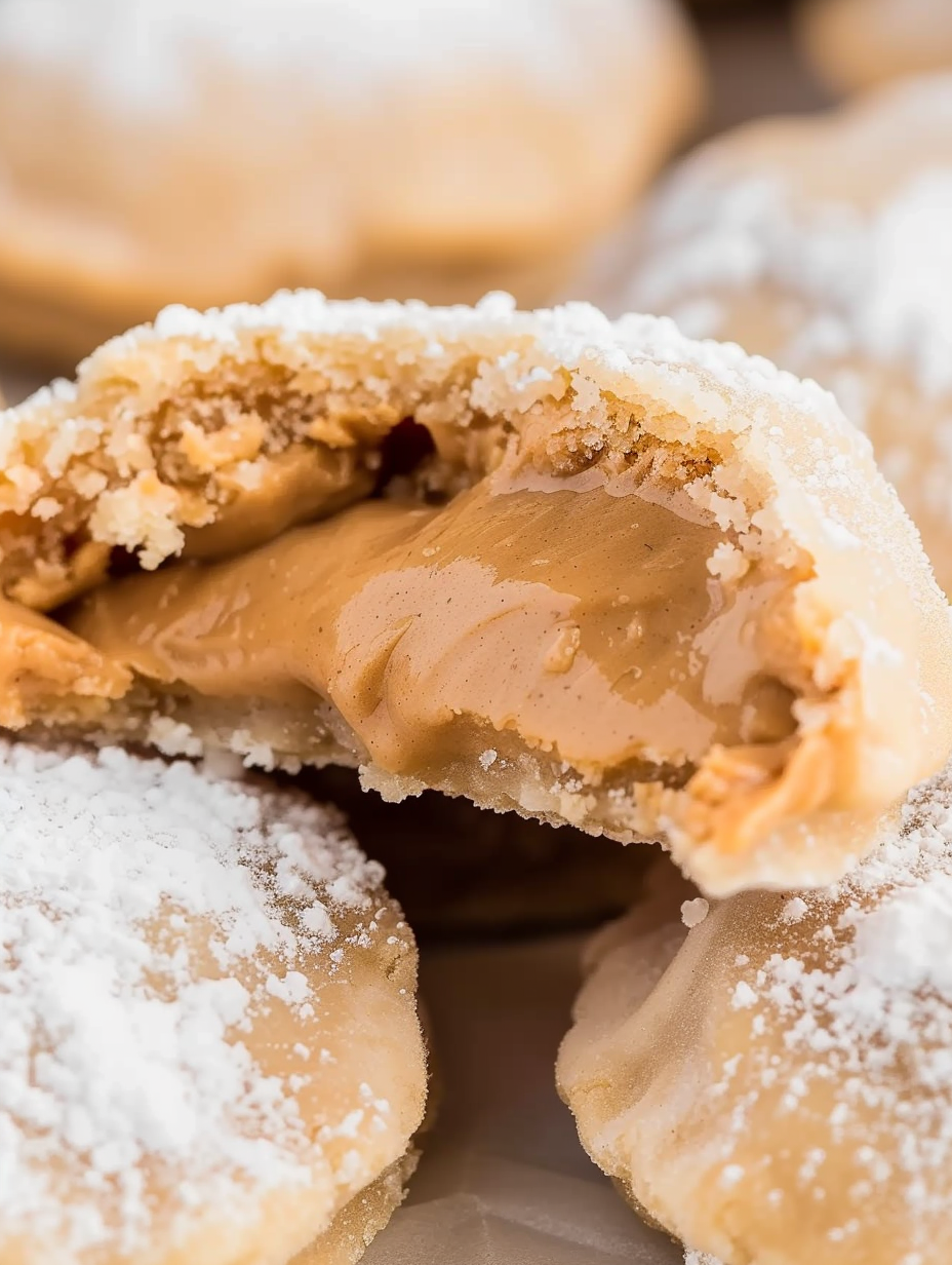 Peanut butter lava cookie split open showing molten center