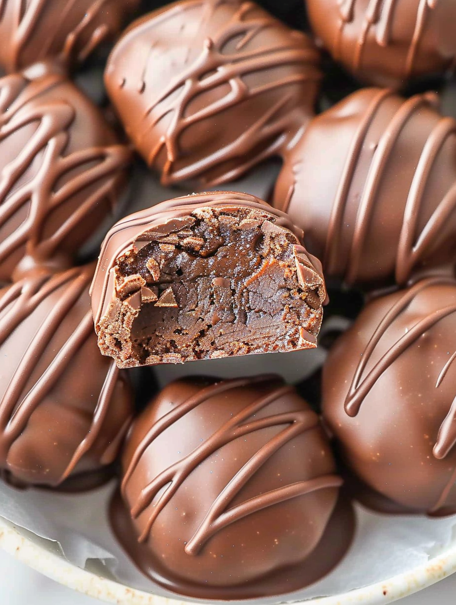 Close-up of chocolate-drizzled brownie truffle
