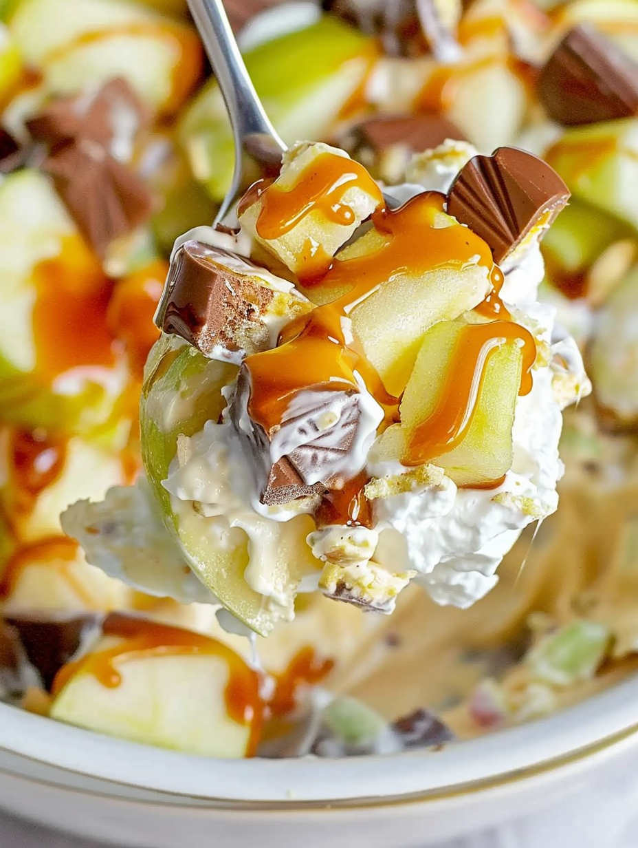 Snickers Salad served in a bowl with caramel drizzle