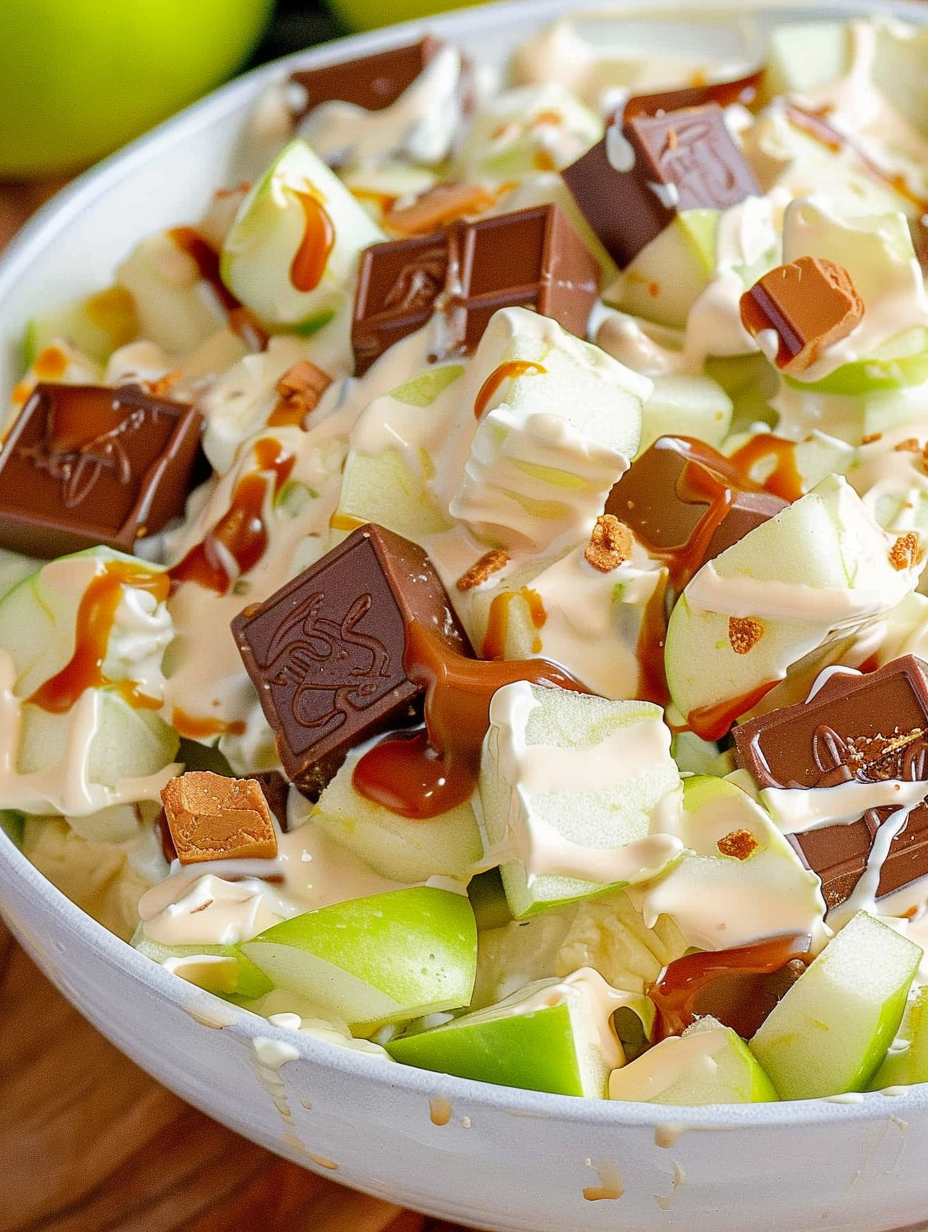 Close up of chopped apples and Snickers in creamy pudding