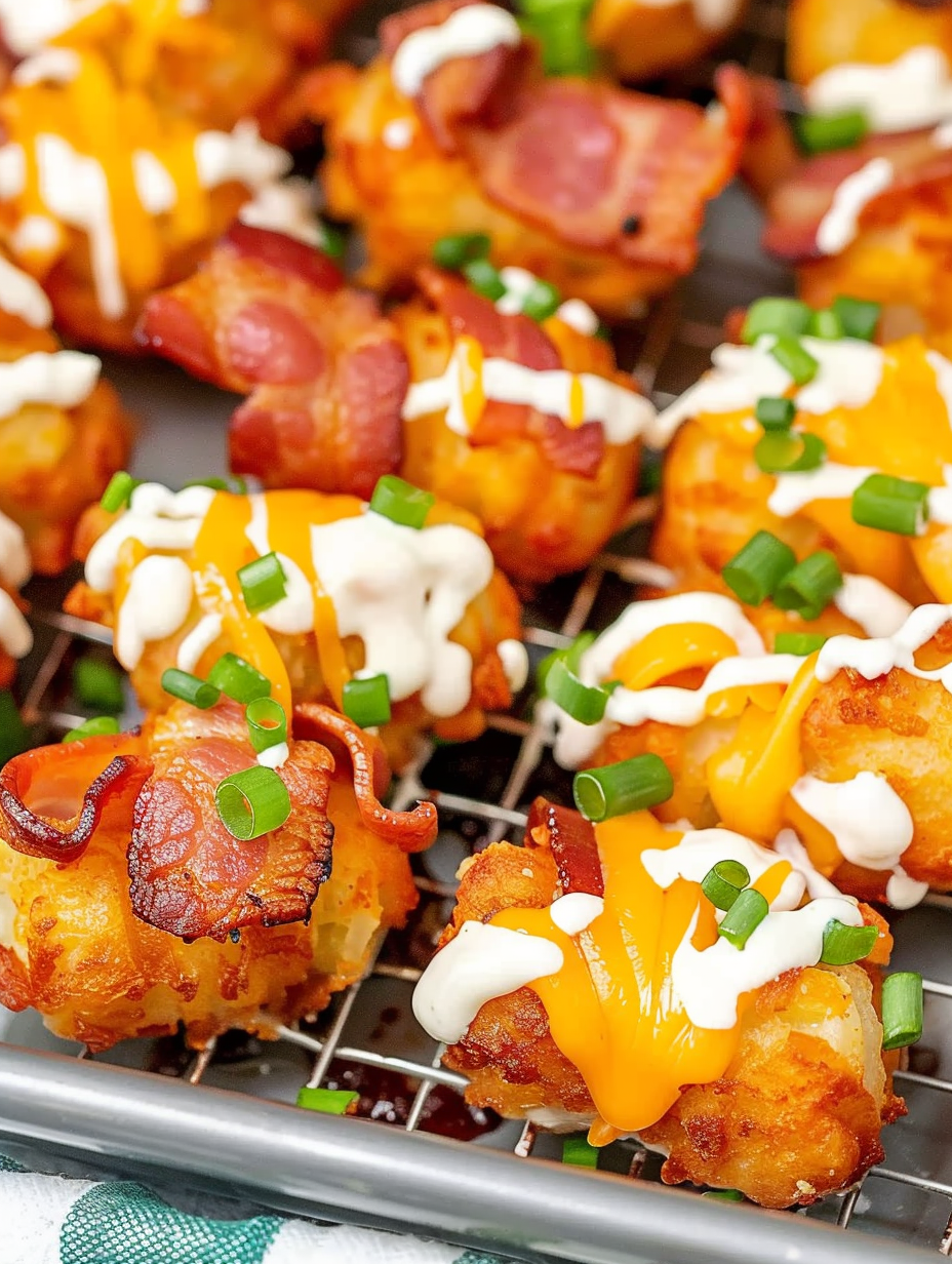 Bacon wrapped tater tots on a wire rack ready to bake