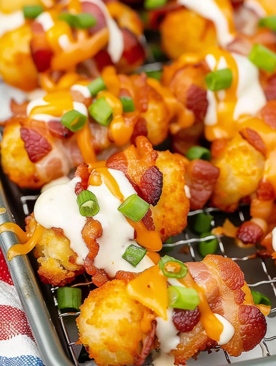 Plated loaded tater tots with melted cheddar and green onions