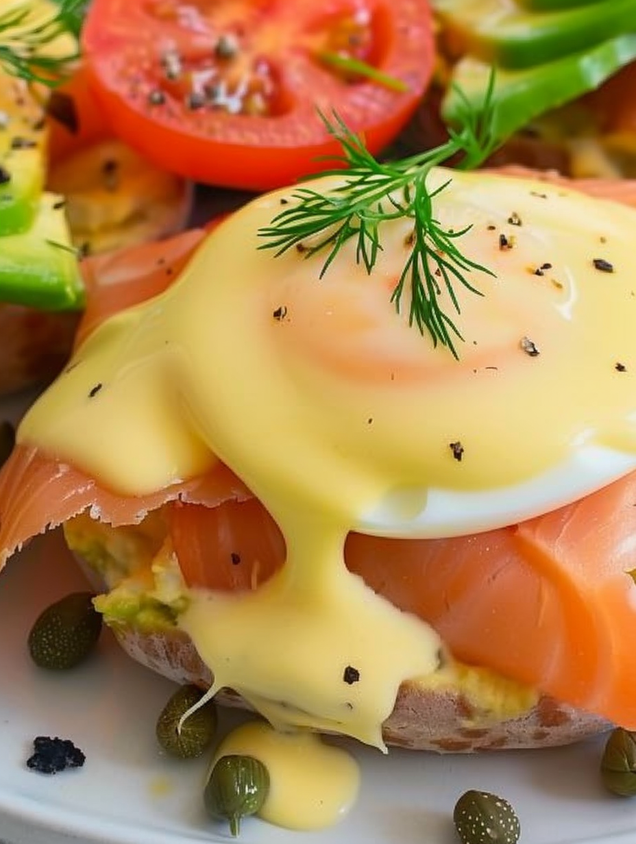 Close up of hollandaise sauce drizzled over egg