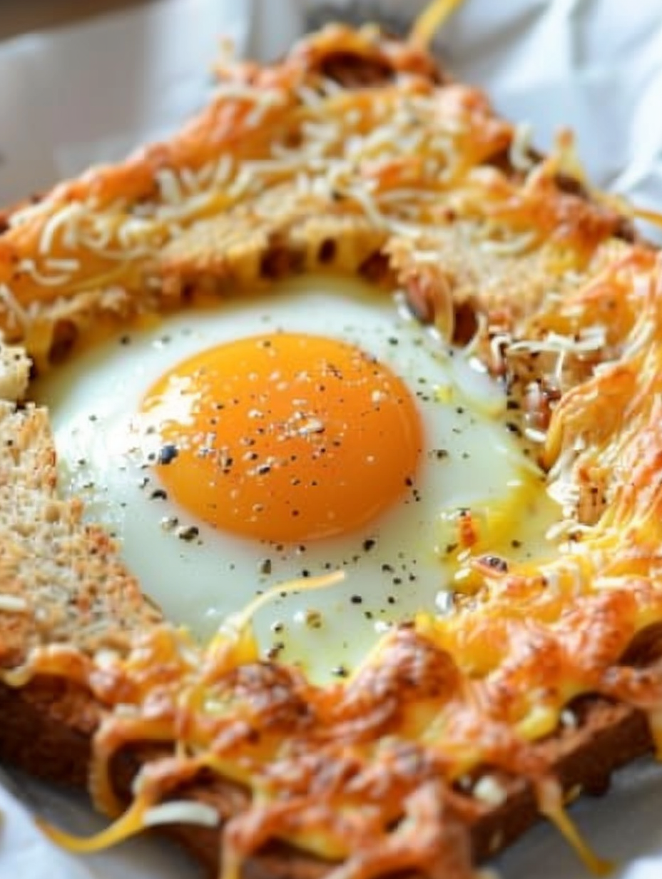 Cheesy baked egg toast coming out of toaster oven