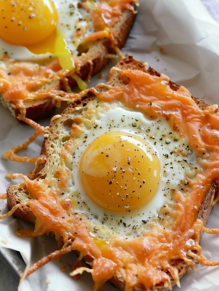 Close up of cheesy egg in toast with runny yolk