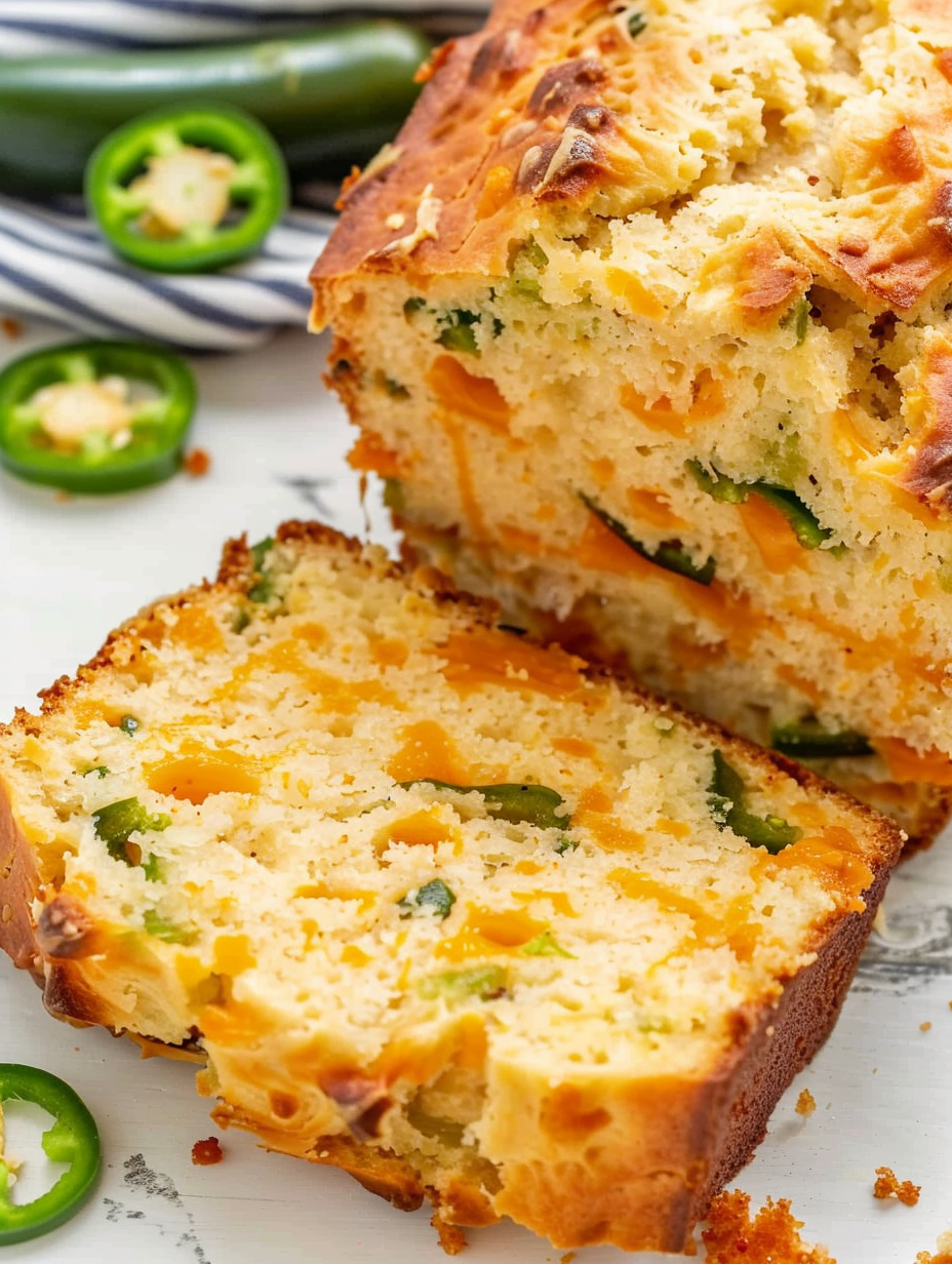 Freshly baked jalapeño cheddar bread cooling on a wire rack
