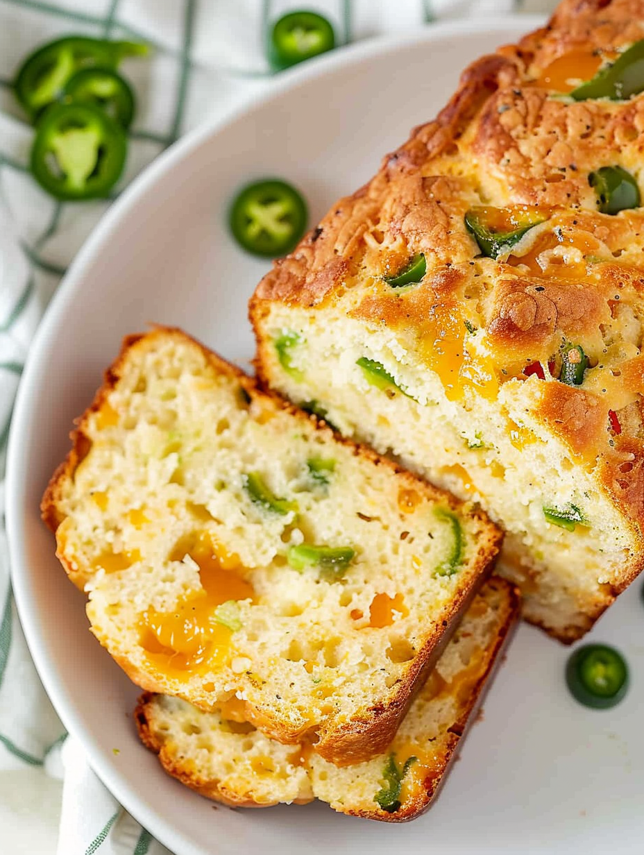 Slice of jalapeño cheddar bread on a wooden board