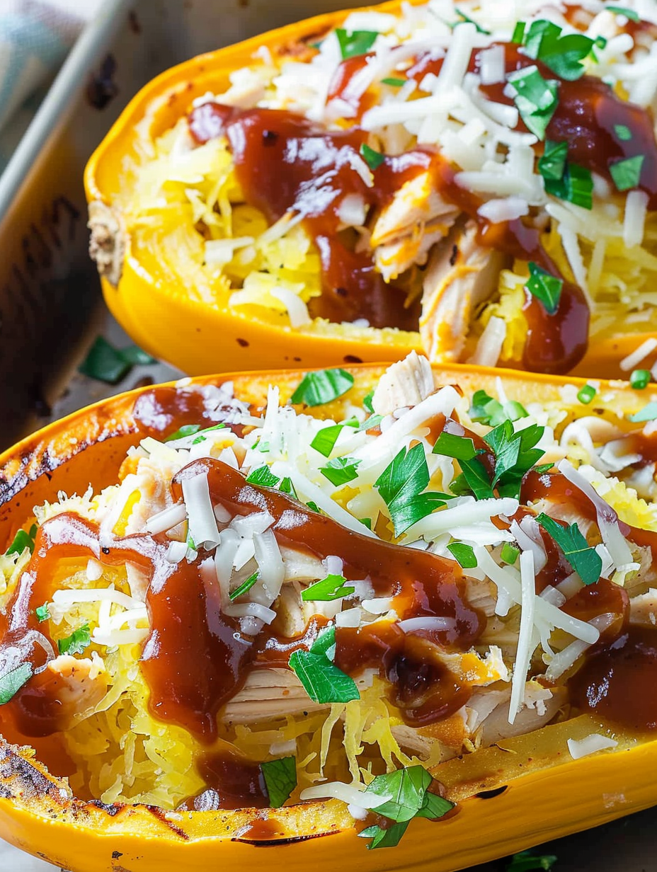 BBQ Chicken Spaghetti Squash in halved squash boats