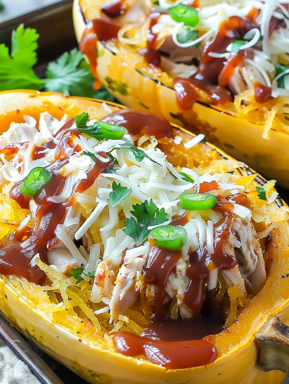 Close up of cheesy BBQ chicken spaghetti squash filling