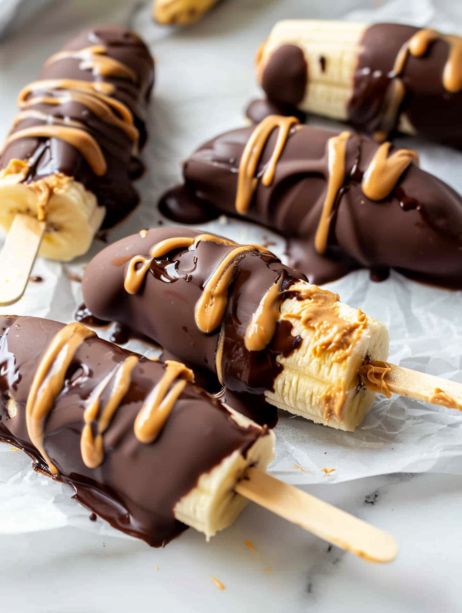 Chocolate covered frozen banana pops on a baking sheet