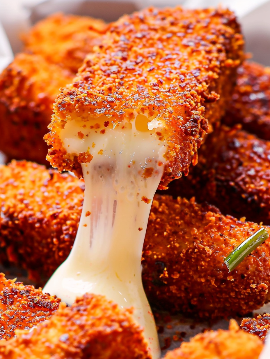 Coated Nashville hot mozzarella sticks on parchment