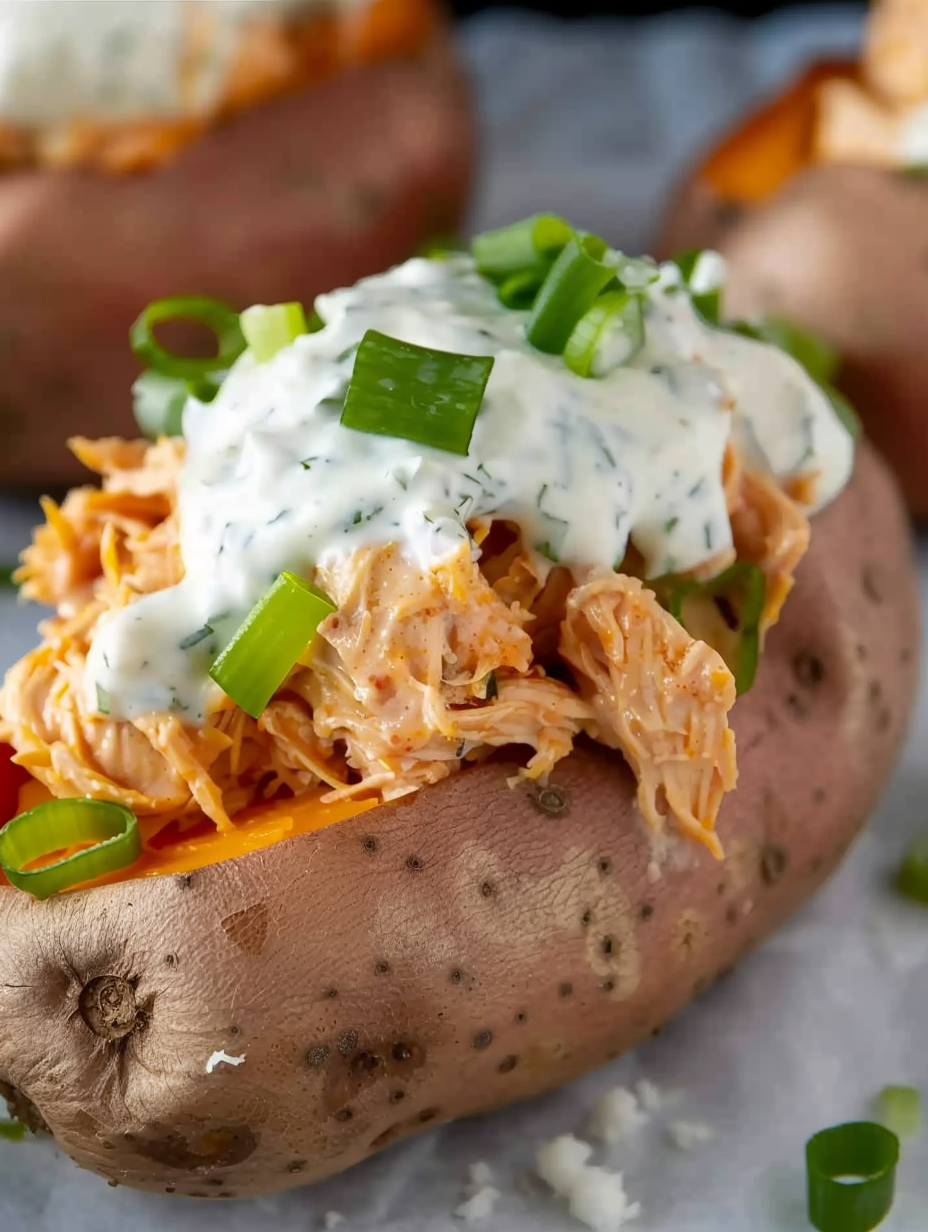 Close-up of stuffed sweet potato with buffalo chicken and ranch drizzled on top