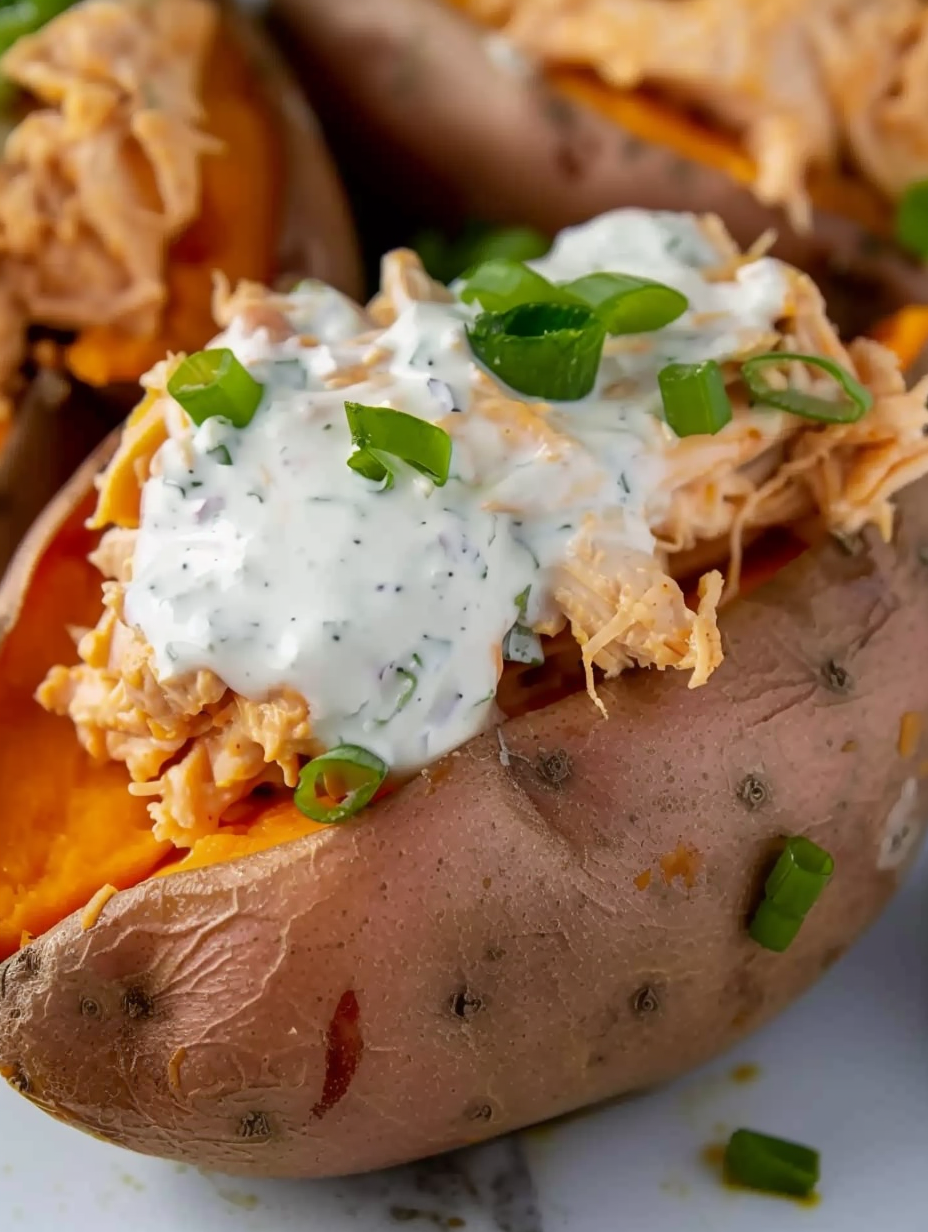 Two roasted sweet potatoes on a cutting board with buffalo chicken filling nearby