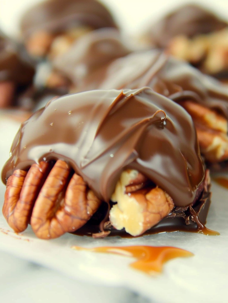 Finished chocolate pecan turtle clusters on parchment