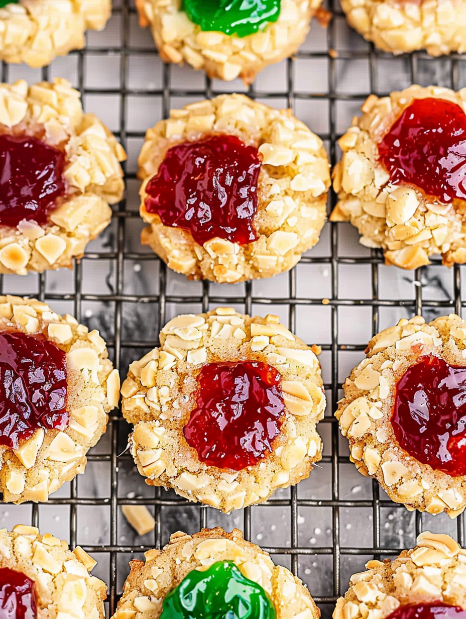 Tray of jelly thumbprint cookies with red and green jelly centers