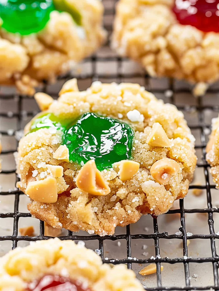 Close-up of a thumbprint cookie showing the peanut coating and jelly center