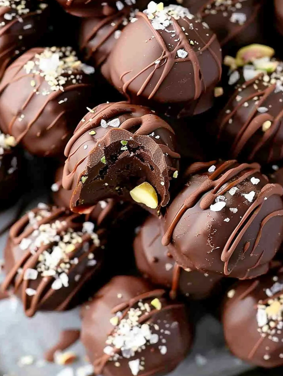 Close-up of coated chocolate truffle with salt flakes