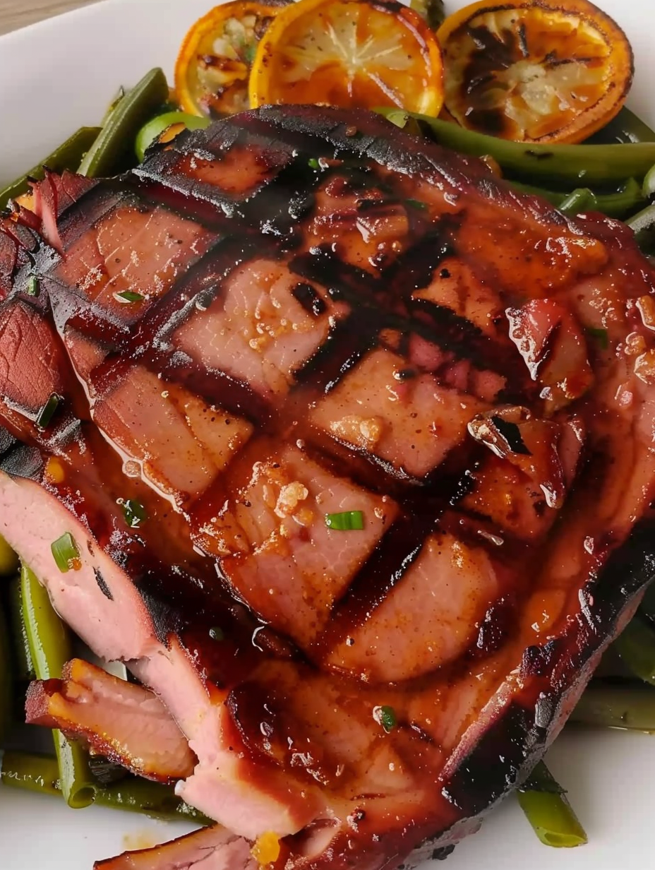 glazed ham steak on grill with basting