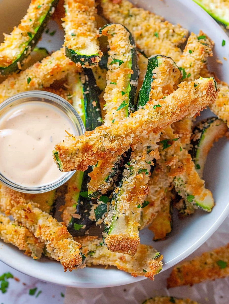 Crispy keto zucchini fries on a plate