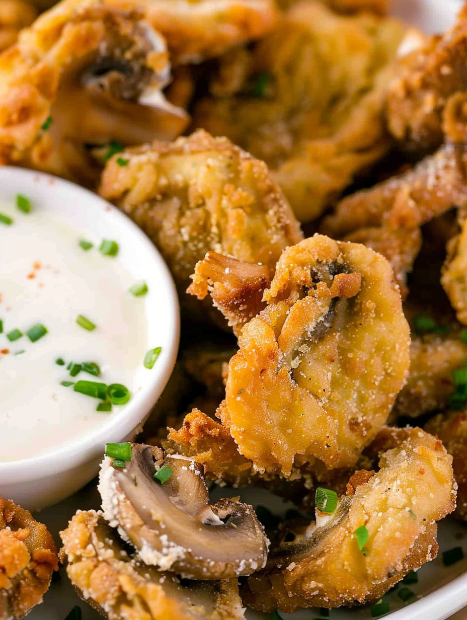 Crispy fried mushroom pieces on a plate