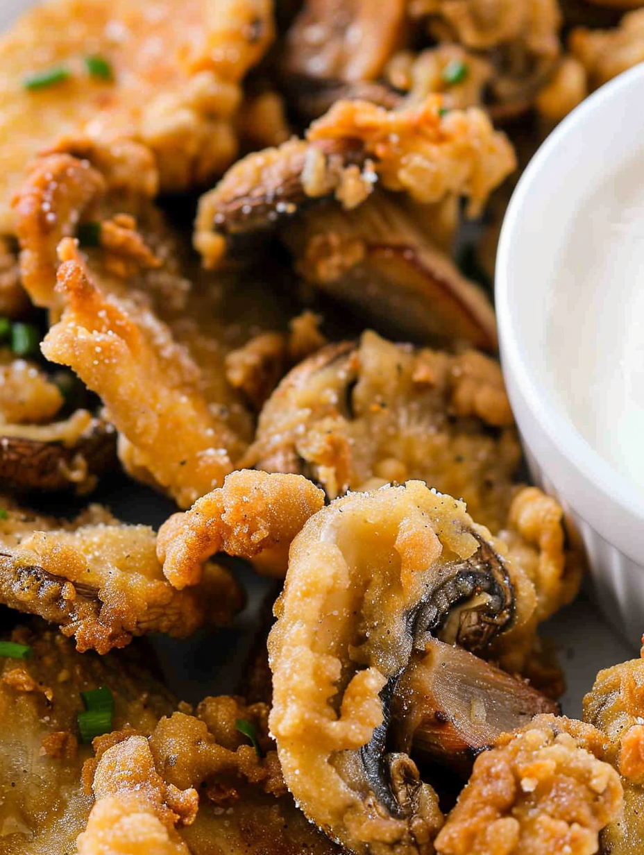 Golden fried mushrooms on a serving board