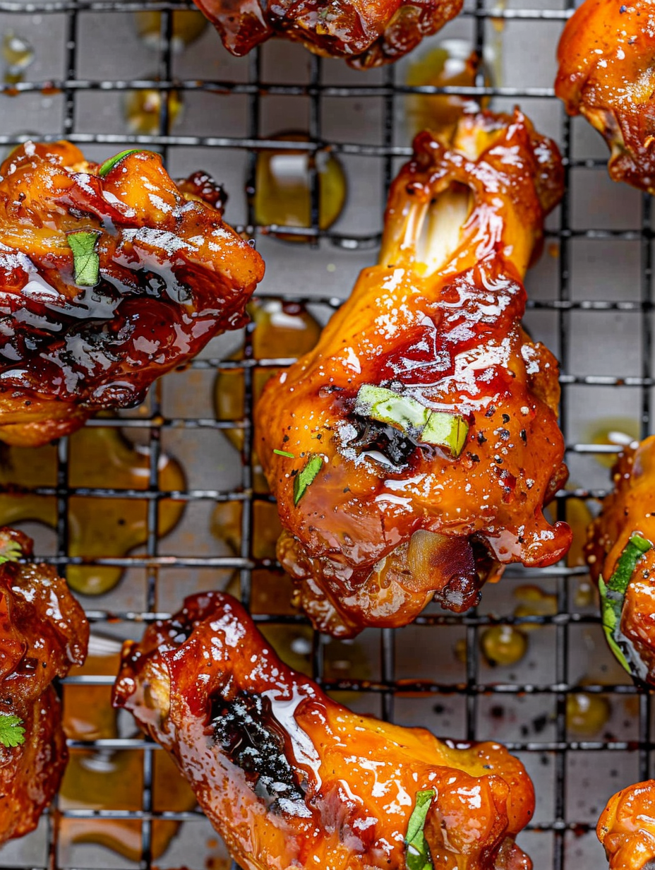 Hot Honey Peach Wings in a serving bowl, glossy and sauced