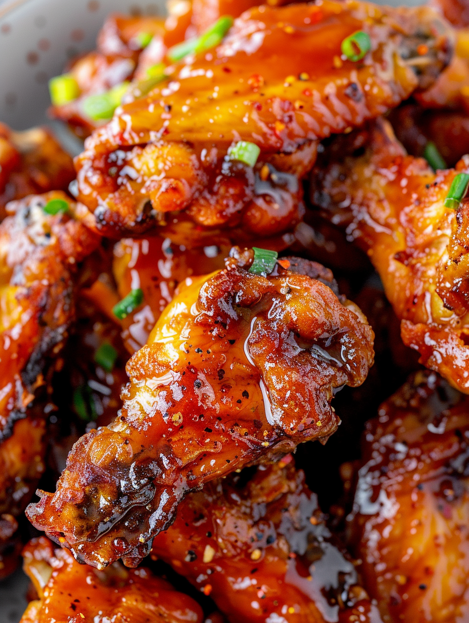 Plated Hot Honey Peach Wings with garnish and dipping sauce