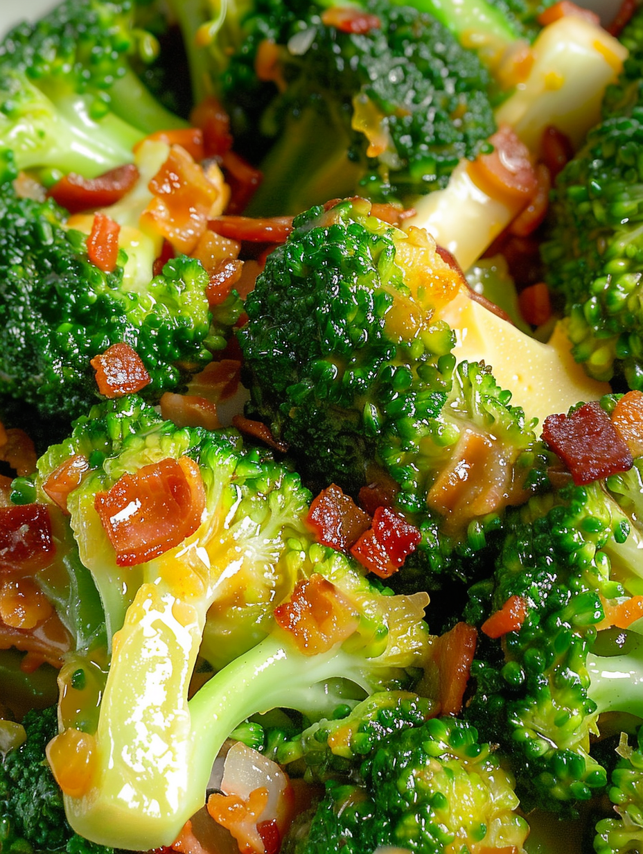 Broccoli in garlic sauce with bacon bits