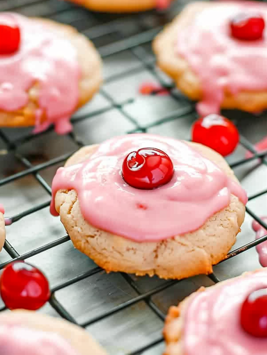 Cherry Chip Cookies on wire rack with glaze