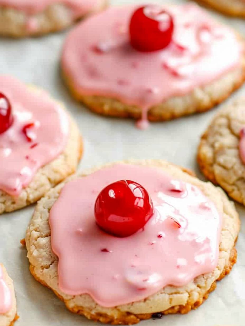 Baking sheet with scooped cherry cookie dough