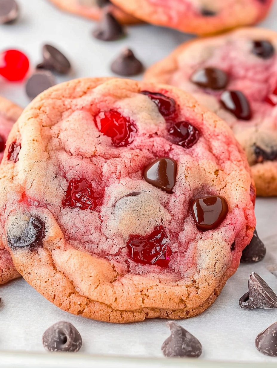 Freshly baked cherry chocolate chip cookies on a cooling rack