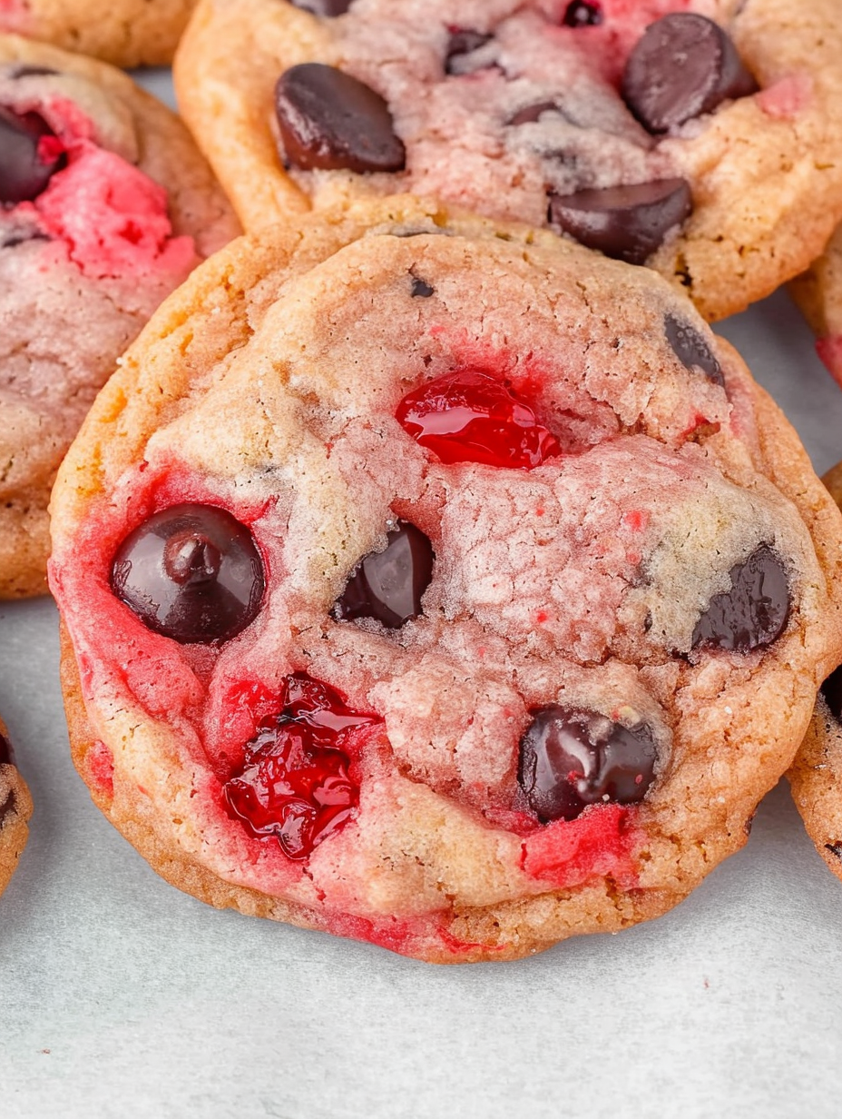 Close-up of a cookie with visible cherries and chocolate chips