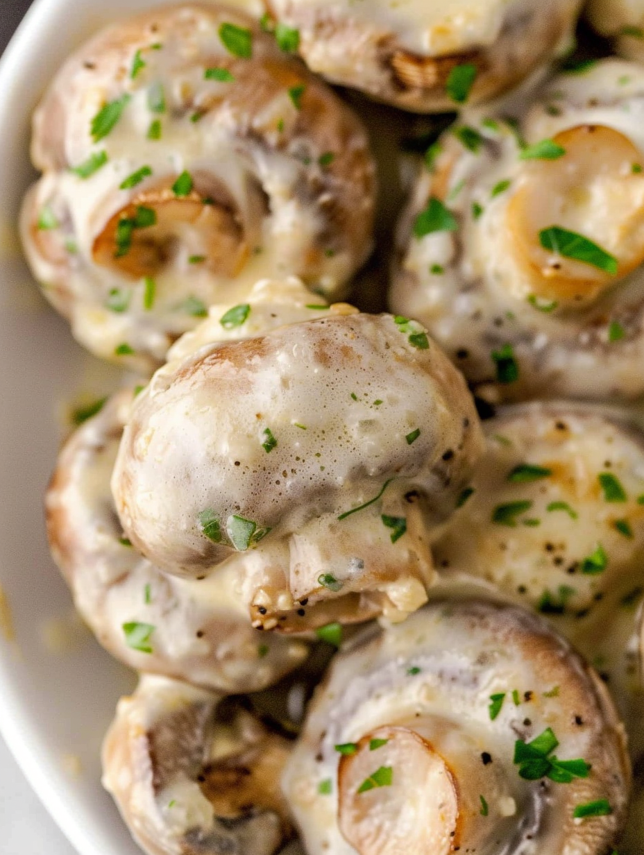 Creamy garlic Parmesan mushrooms in a skillet