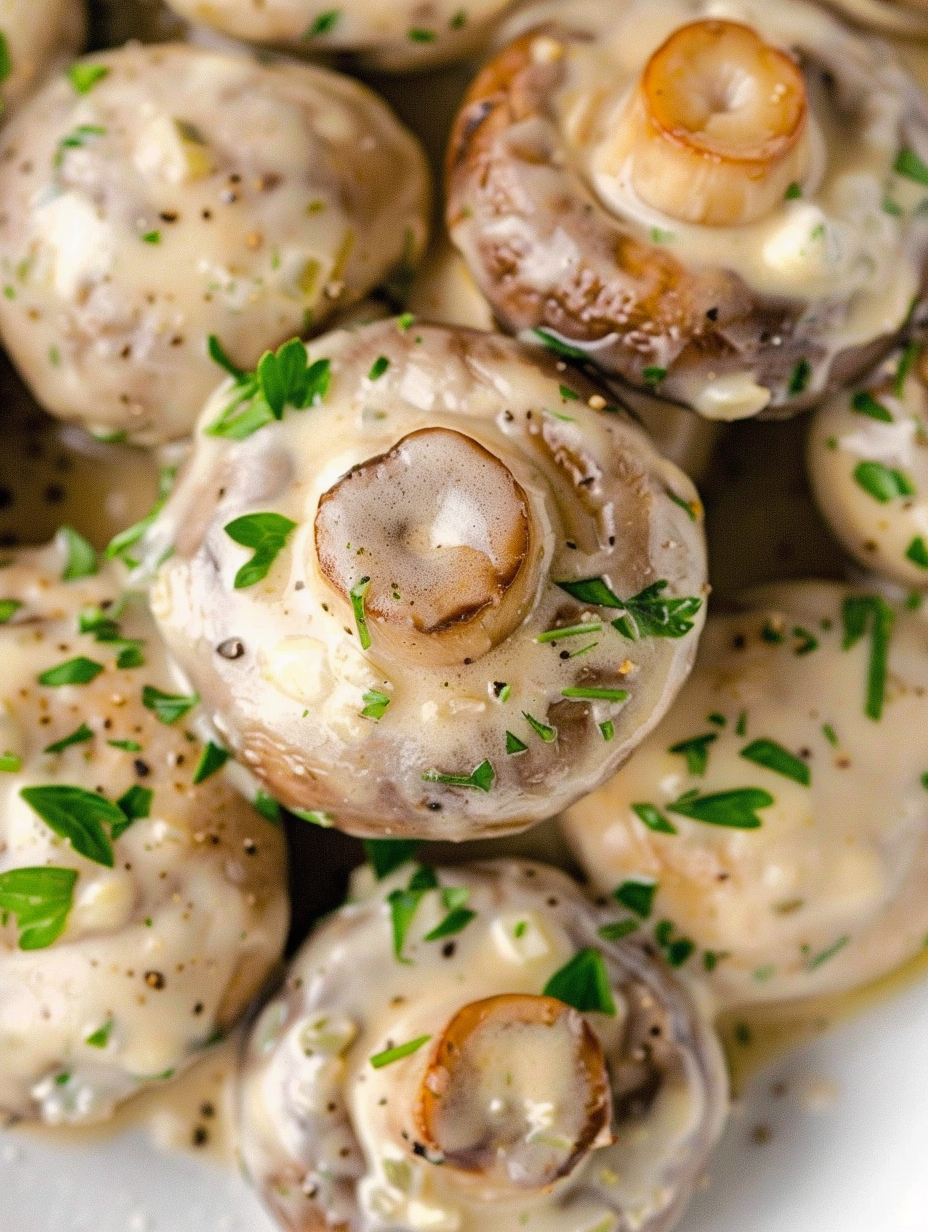 Close-up of garlic Parmesan mushrooms with parsley