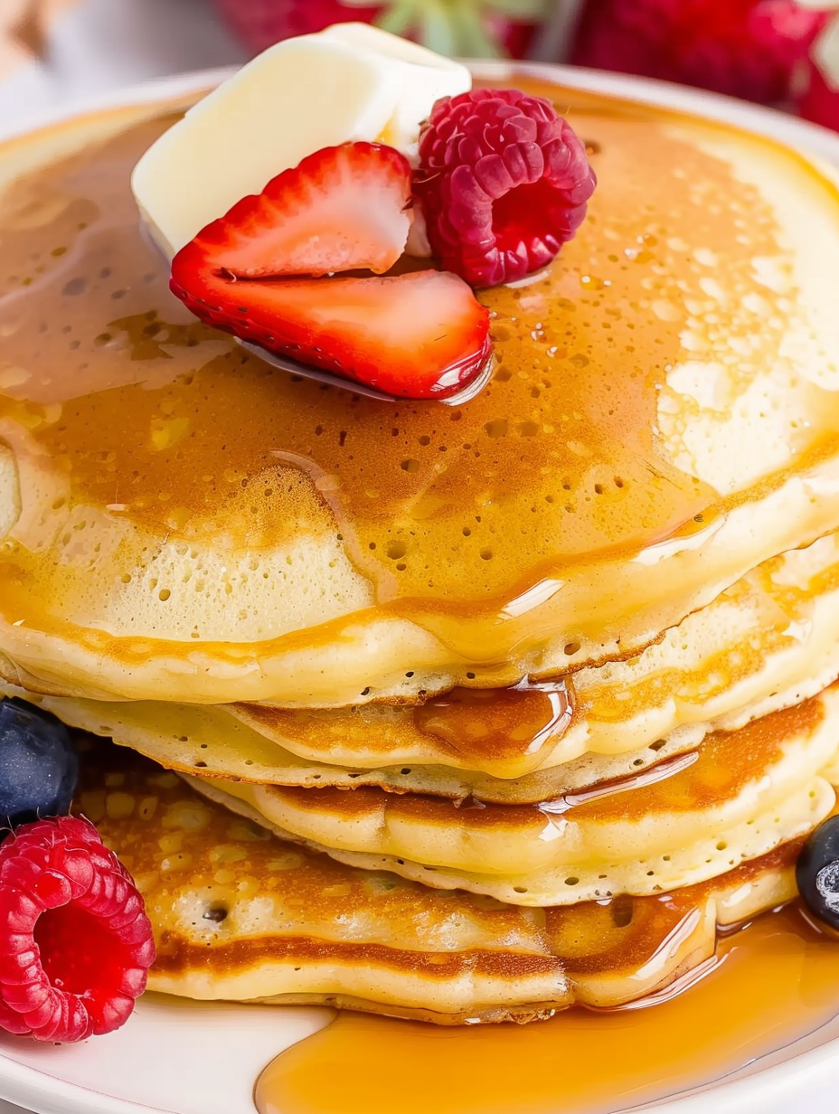 Stack of fluffy pancakes with butter and syrup