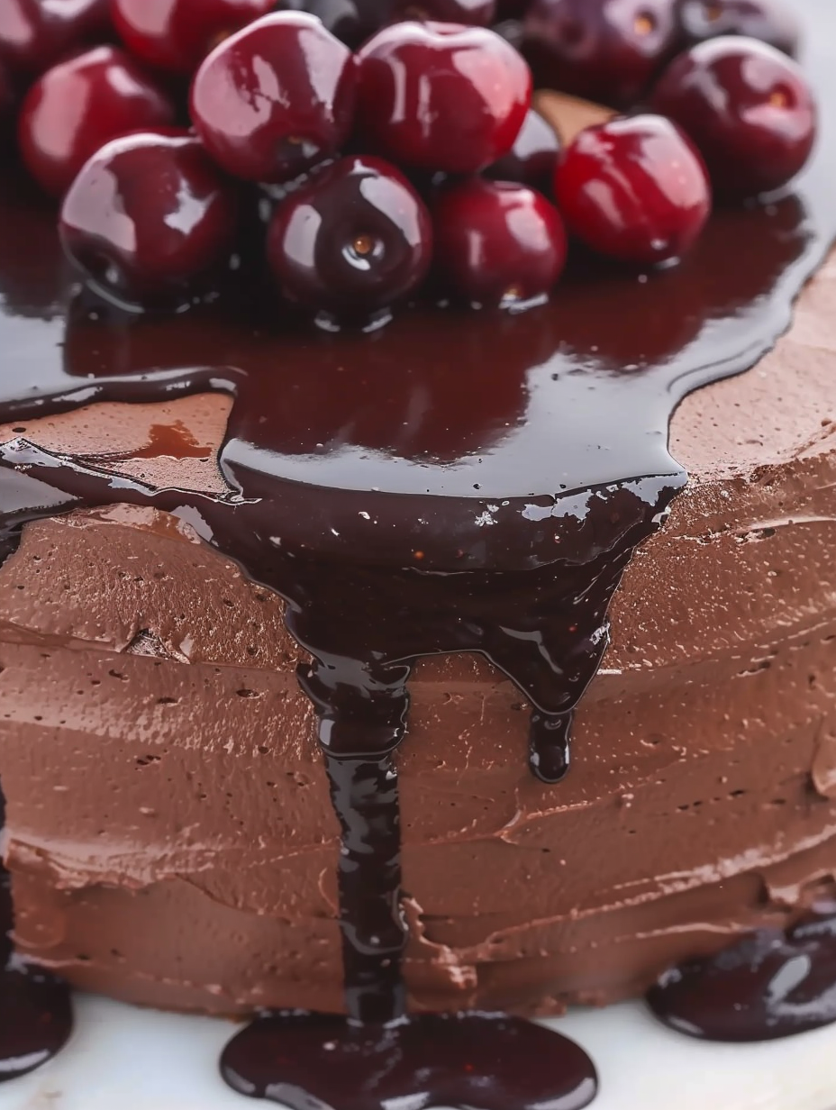 Slice of chocolate cake with cherry jam