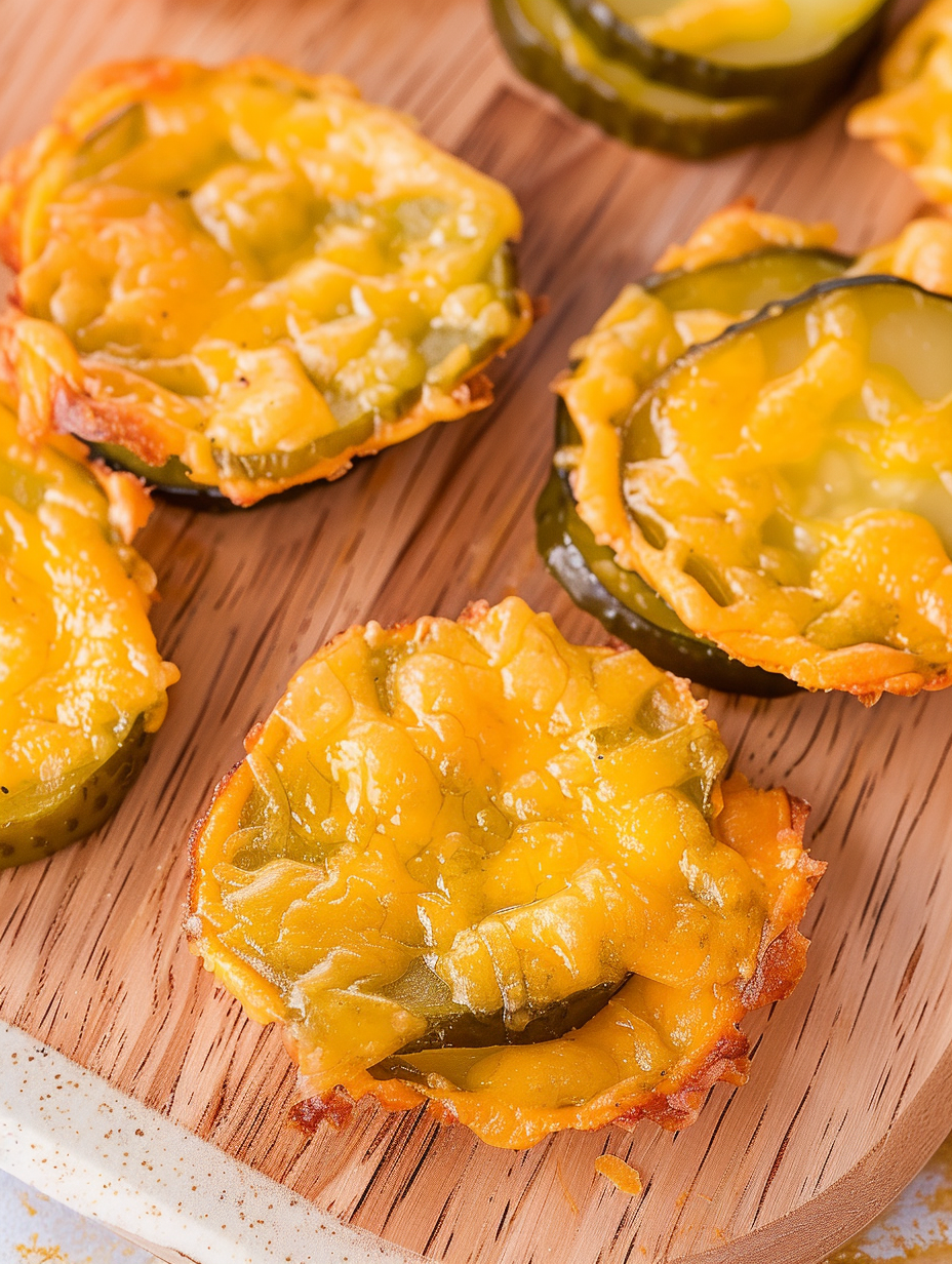 Close-up of golden cheddar edge around pickle chip