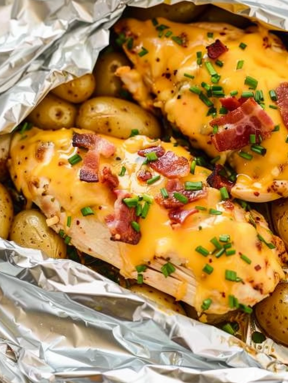 Chicken foil packets opened on a baking sheet with melted cheese