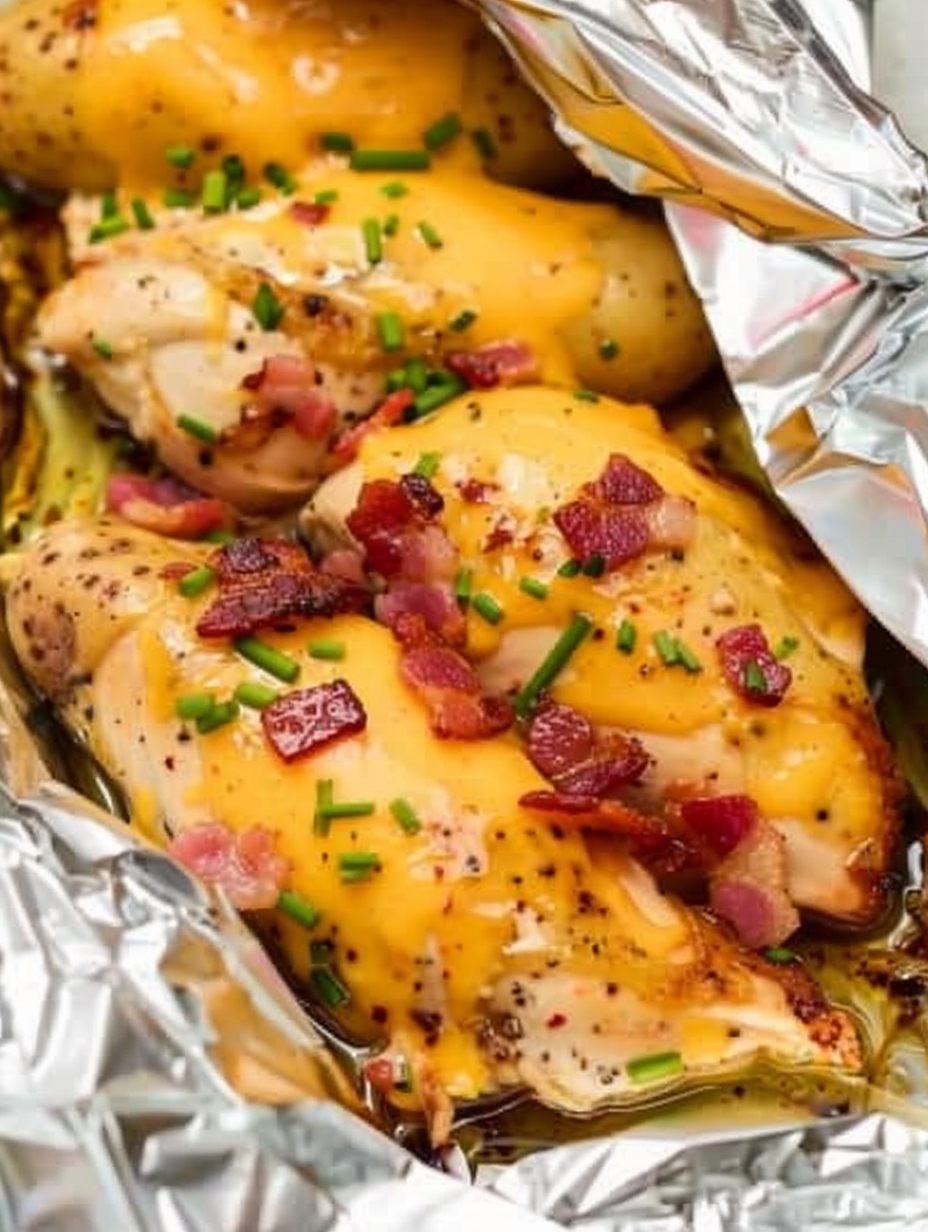Close up of cheese melting on chicken in foil packet