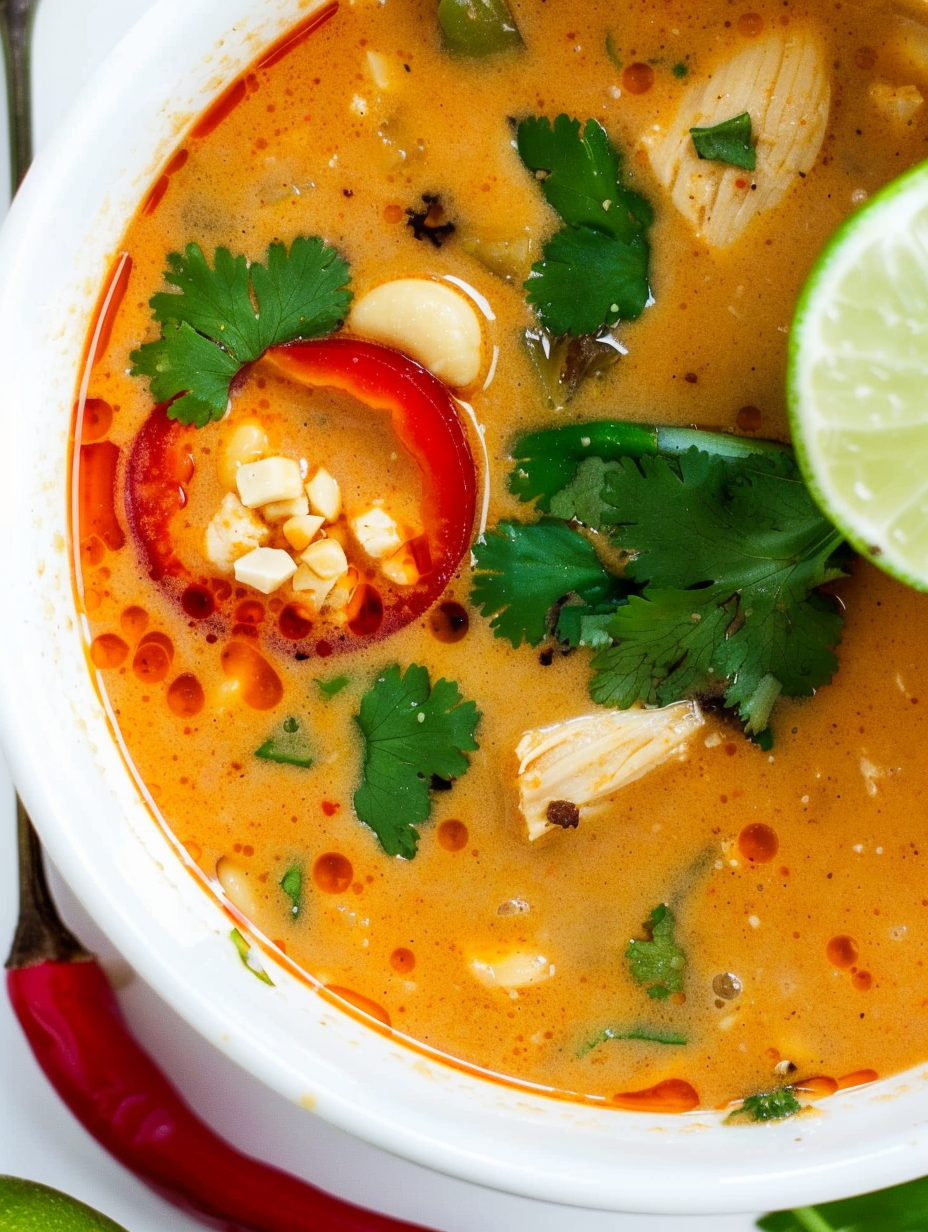 Bowl of Thai coconut peanut chicken soup with cilantro and peanuts