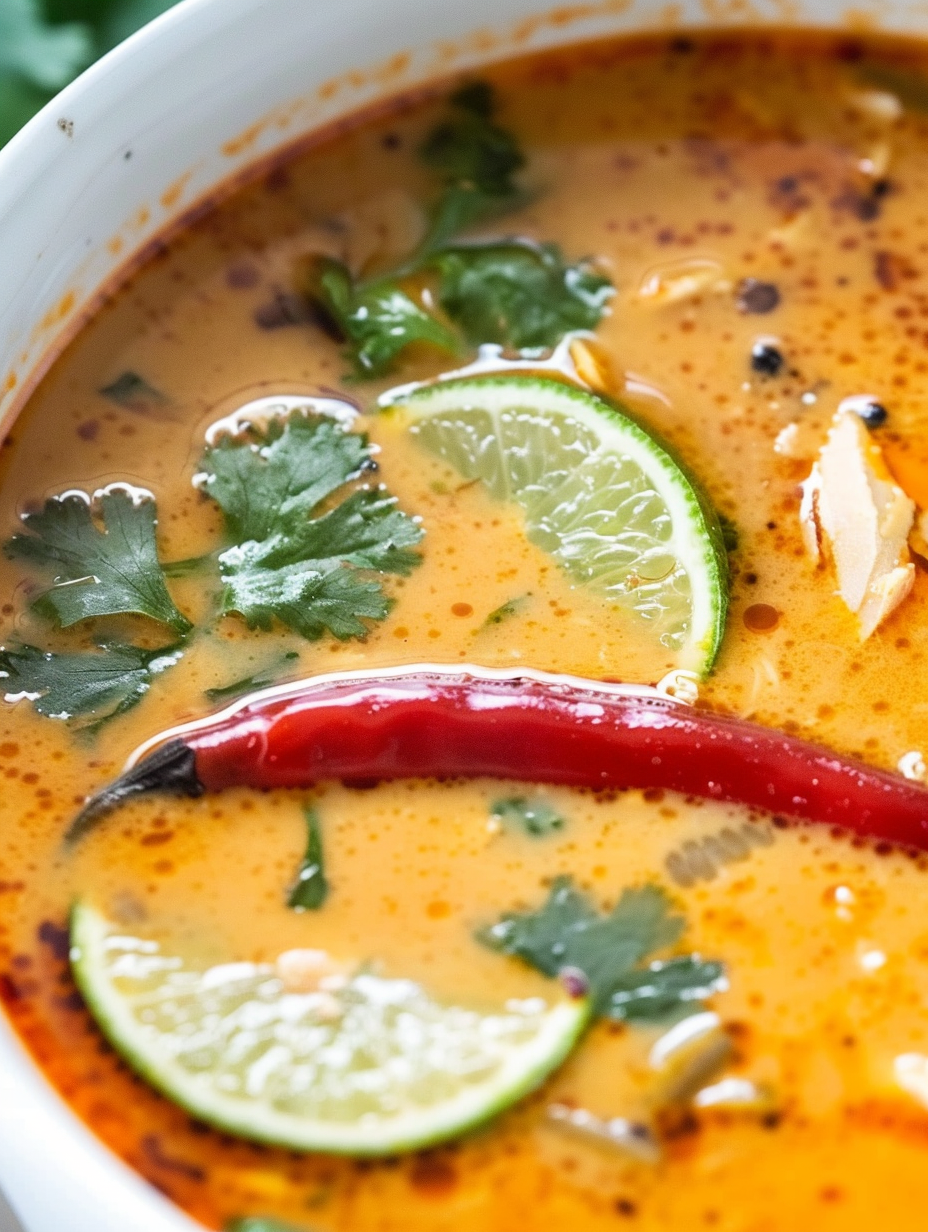 Close-up of creamy coconut peanut broth with chopped peanuts