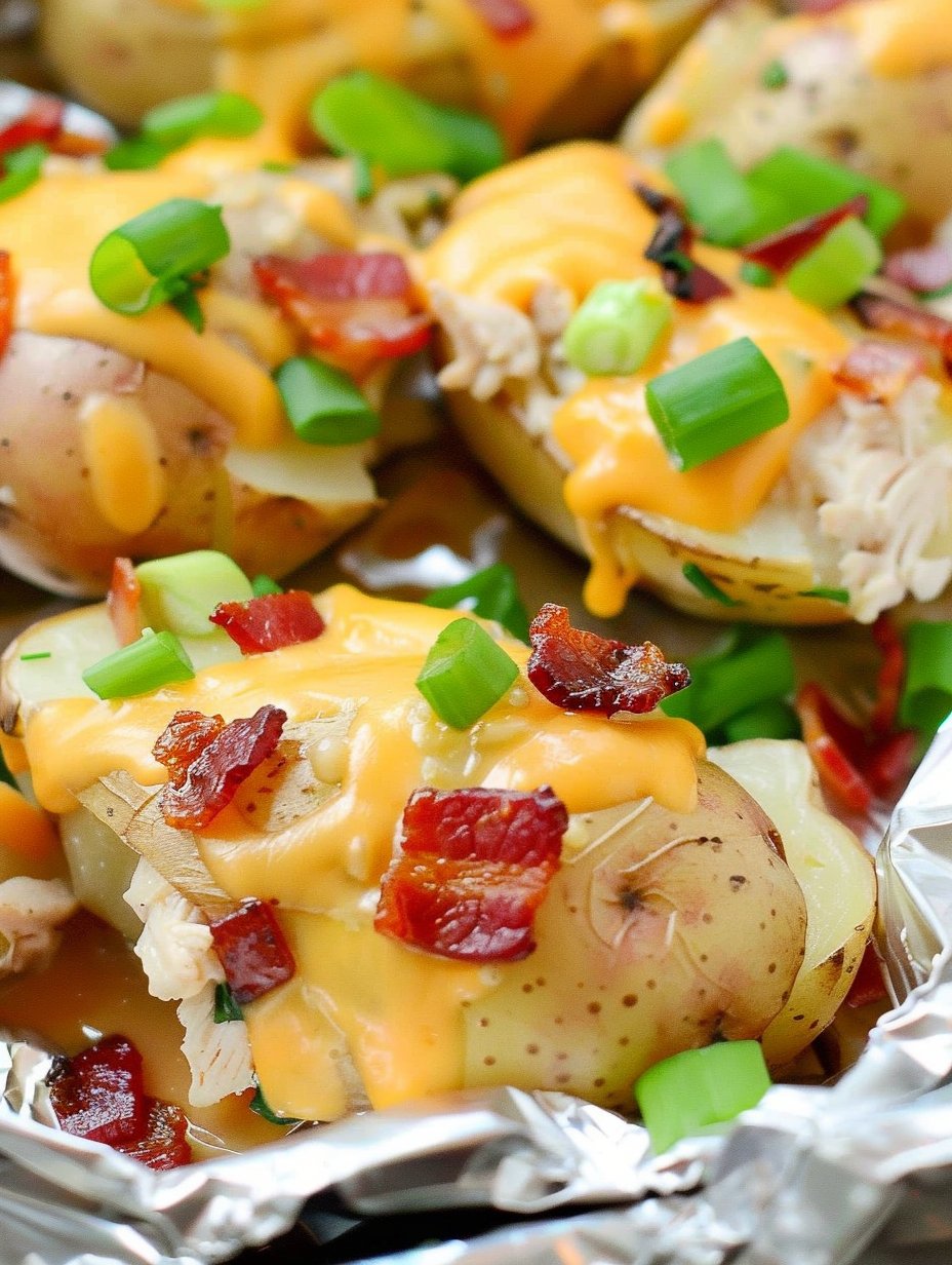 Foil packs of potatoes and chicken before baking