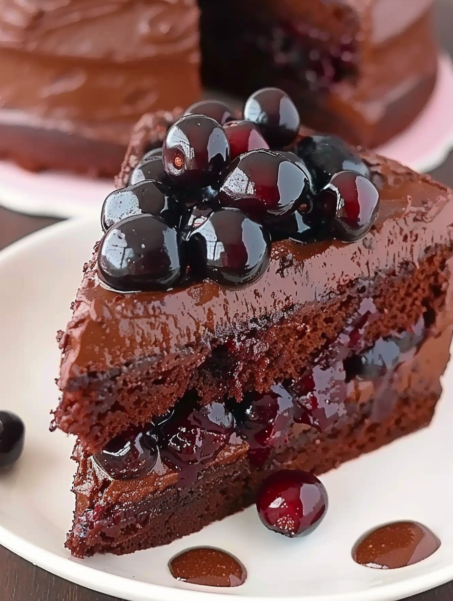Layered Devils Food Cake with Cherry Jam filling