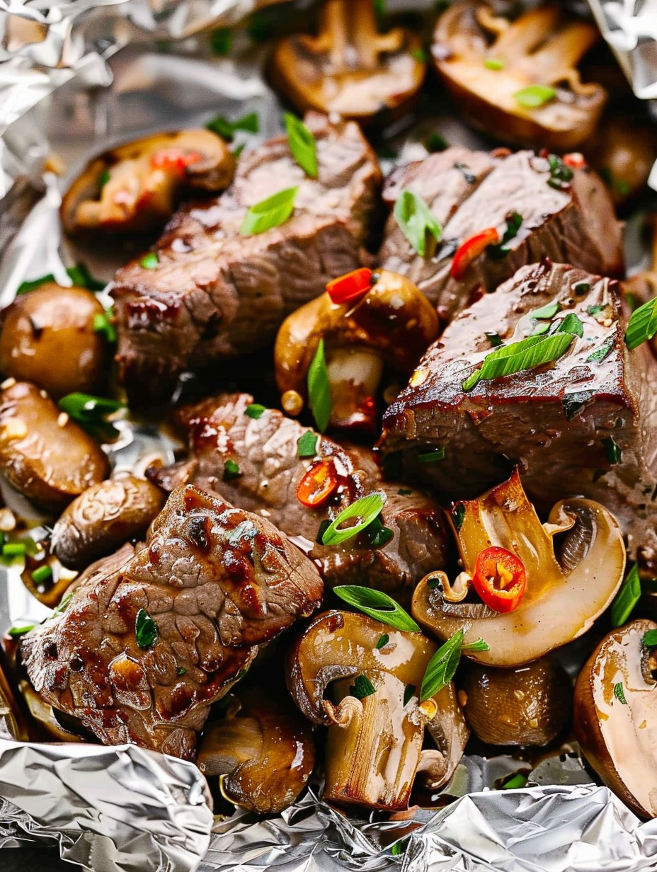 Steak and mushrooms foil pack on grill