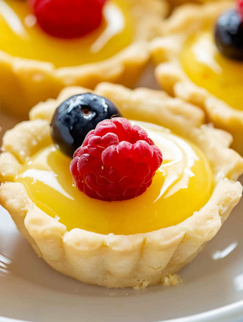Close-up of filled lemon tart with raspberry