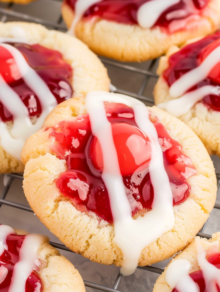 Close-up of cherry filling spooned into cookie dough