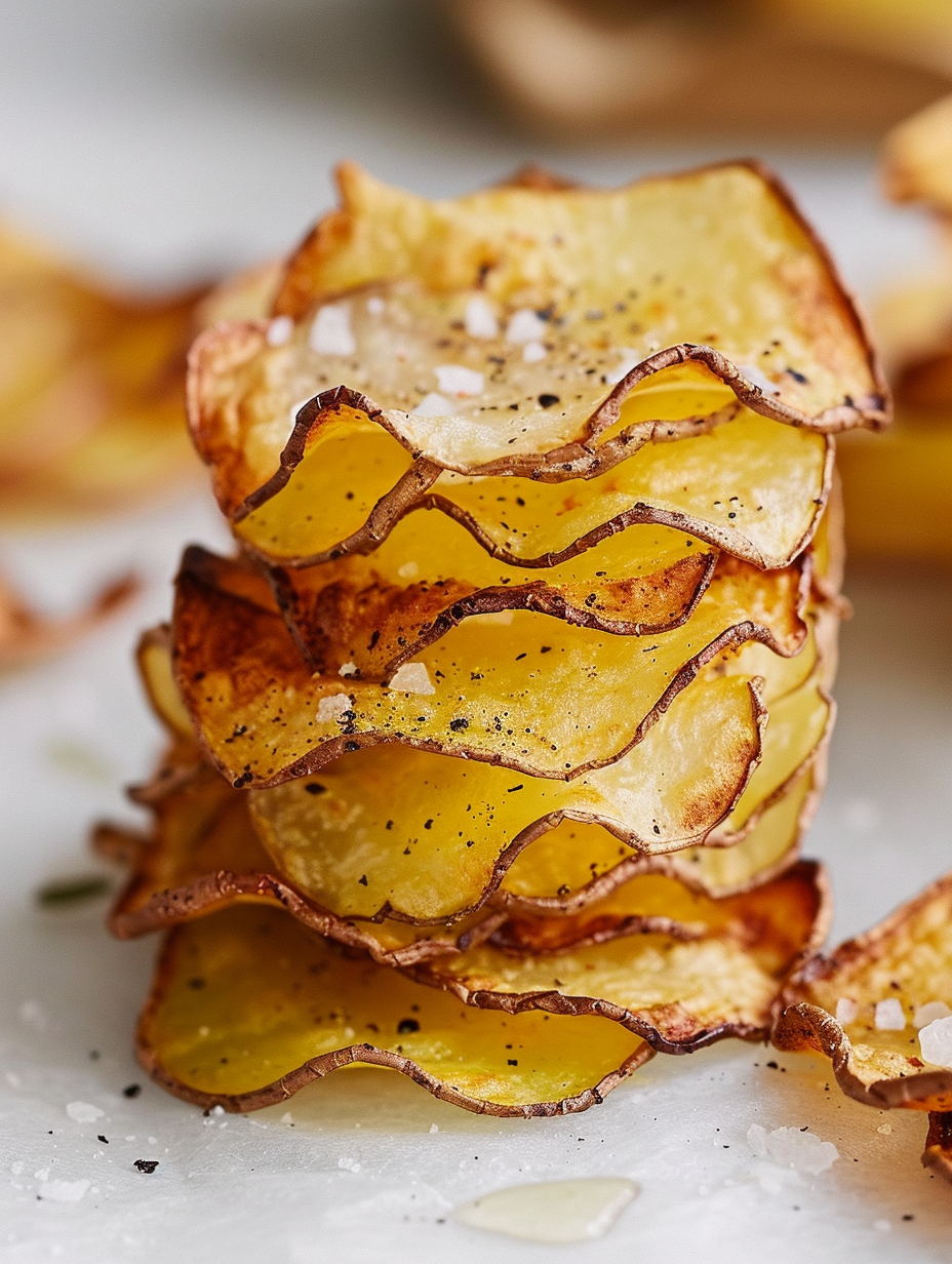 Head on view of homemade baked potato chips stacked