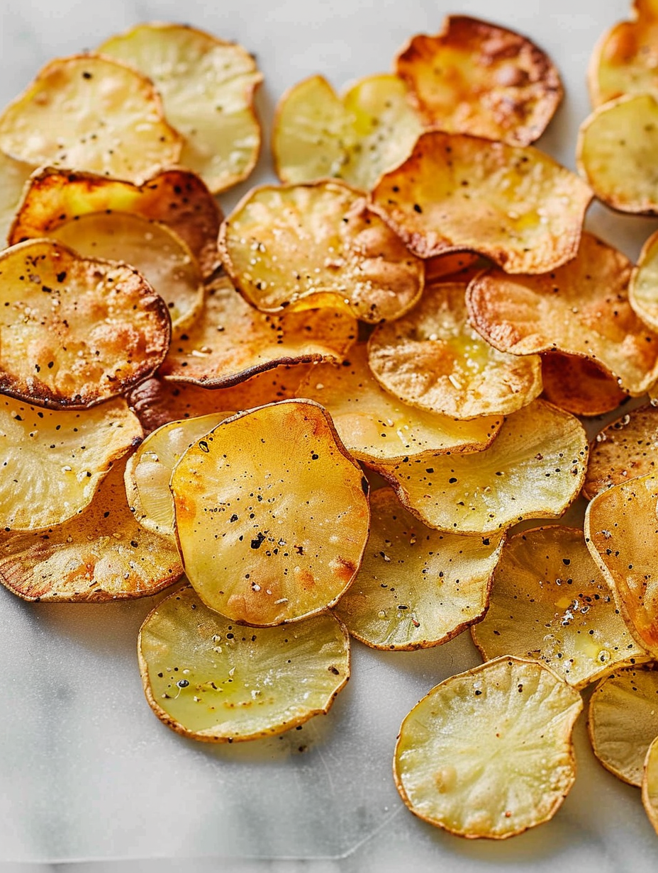 Several baked potato chips on parchment